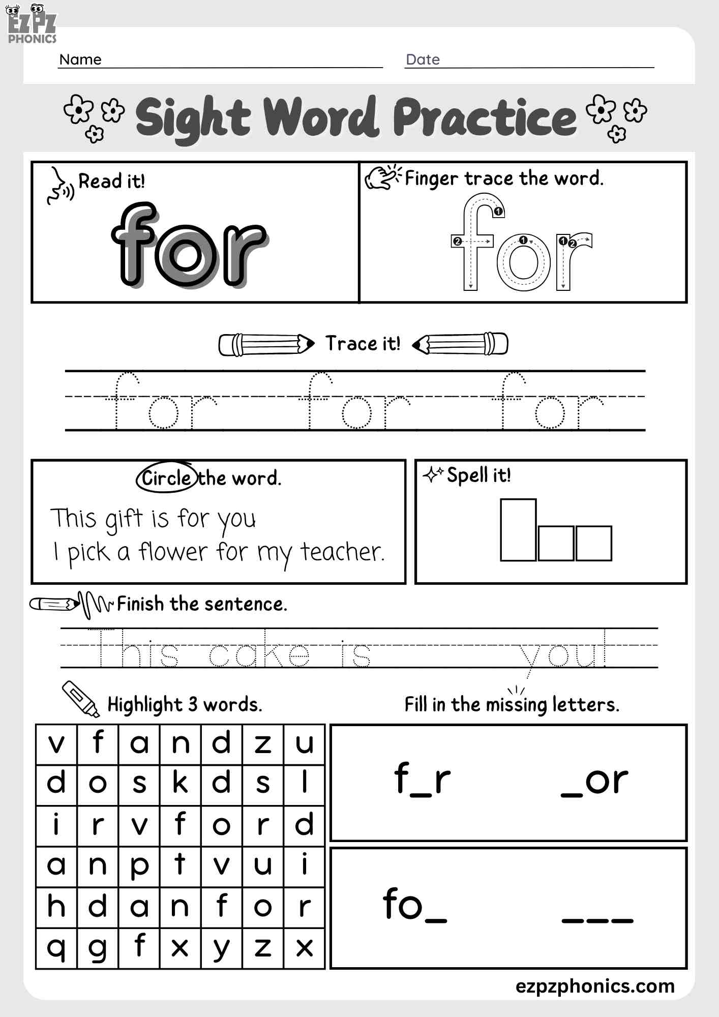The Word "For" Dolch Sight Word Worksheet Activity for Pre-Kindergarten and Kindergarten Students PDF Download